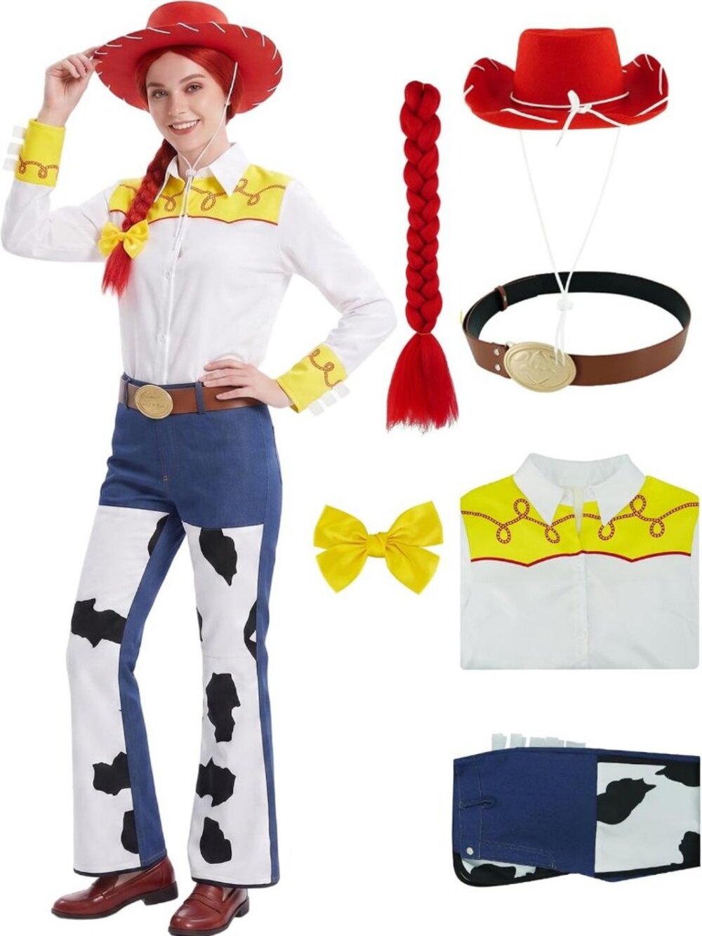 Western Cowgirl Costume Set for Women - Hat, Shirt, Jeans, Belt & Bow, Halloween